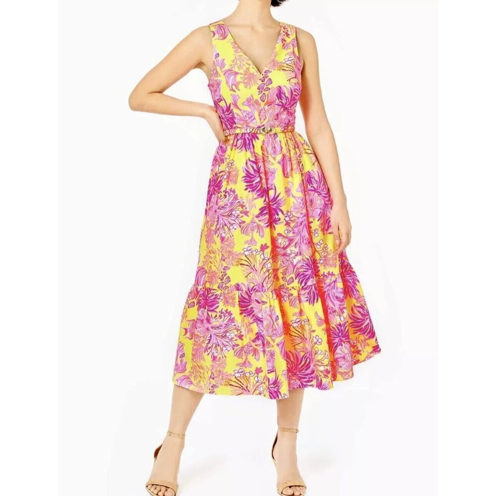 NEW NWT Lilly Pulitzer Bri Fit & Flare Midi Dress sz 12 Yellow & Pink